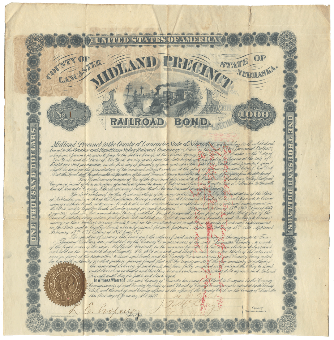 Midland Precinct, Nebraska (Omaha & Republican Valley Railroad) bond certificate dating back to 1880