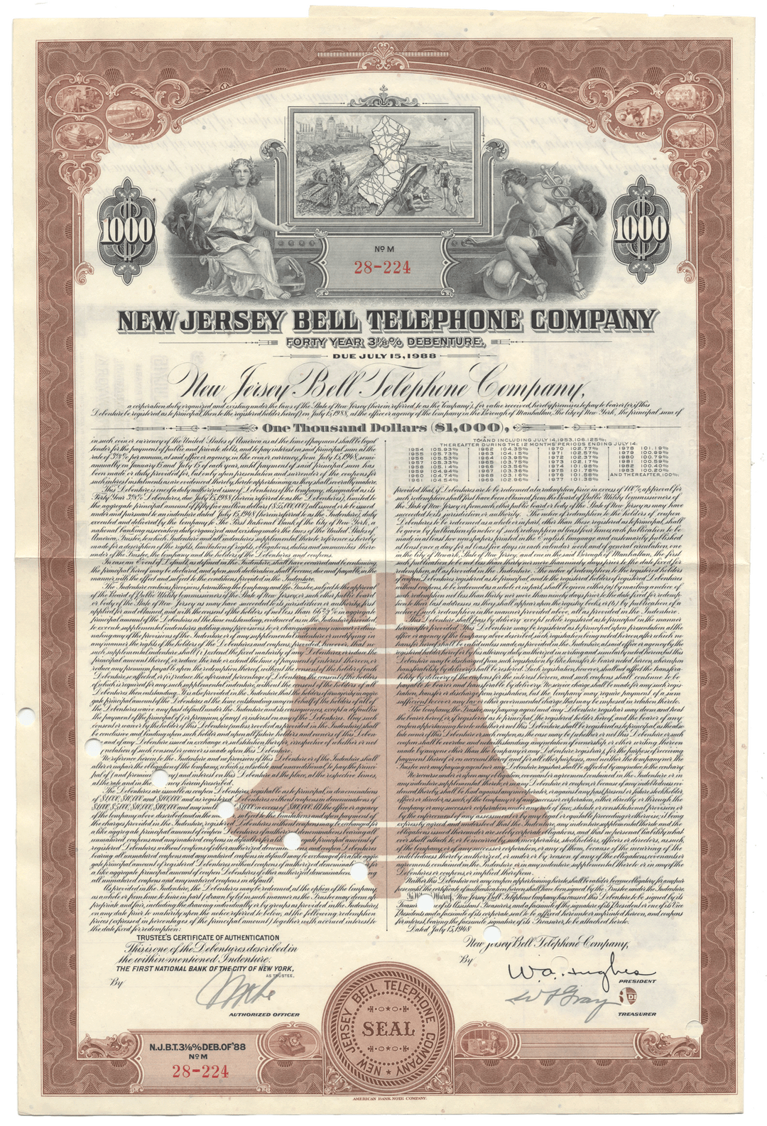 Historical bond certificate of New Jersey Bell Telephone Company with a large bell graphic from 1948