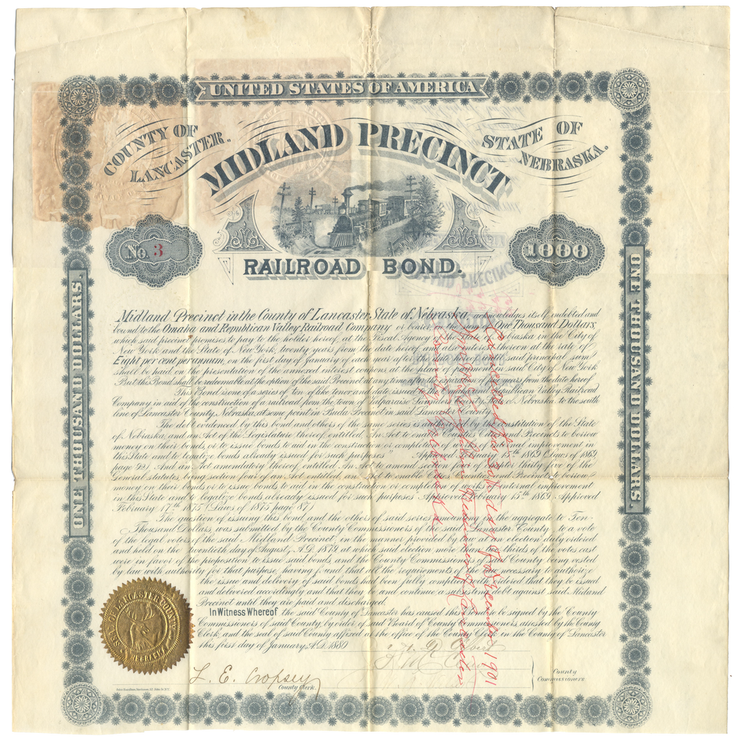 Midland Precinct, Nebraska (Omaha & Republican Valley Railroad) Bond Certificate