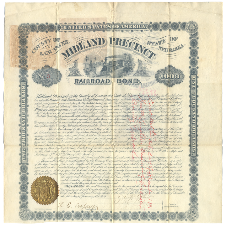 Midland Precinct, Nebraska (Omaha & Republican Valley Railroad) Bond Certificate