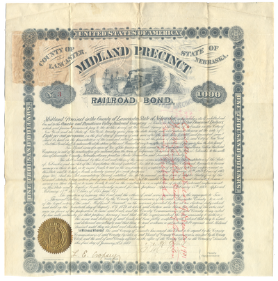 Midland Precinct, Nebraska (Omaha & Republican Valley Railroad) Bond Certificate