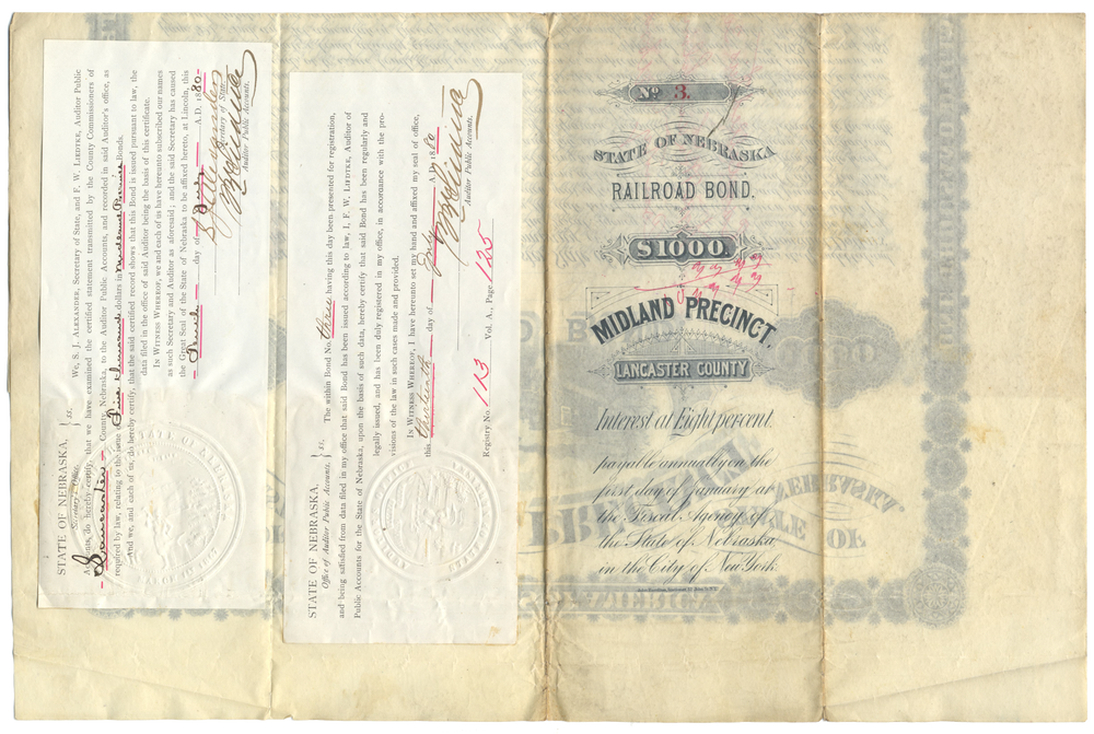 Midland Precinct, Nebraska (Omaha & Republican Valley Railroad) Bond Certificate