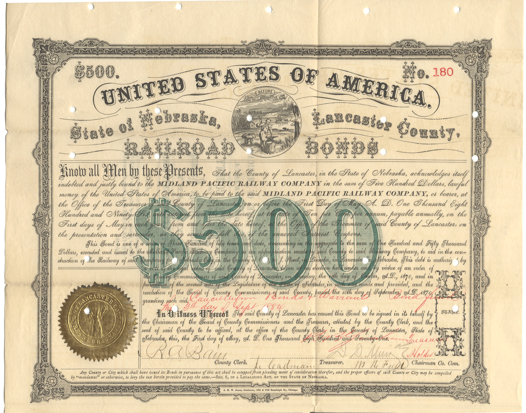 Lancaster County, Nebraska (Midland Pacific Railway) Bond Certificate