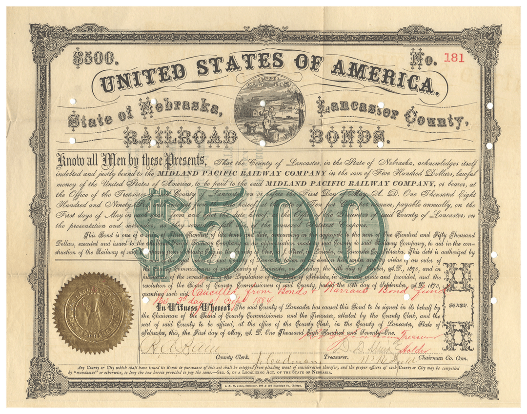 Vintage $500 United States of America railroad bond from Nebraska and the Midland Pacific Railway Company