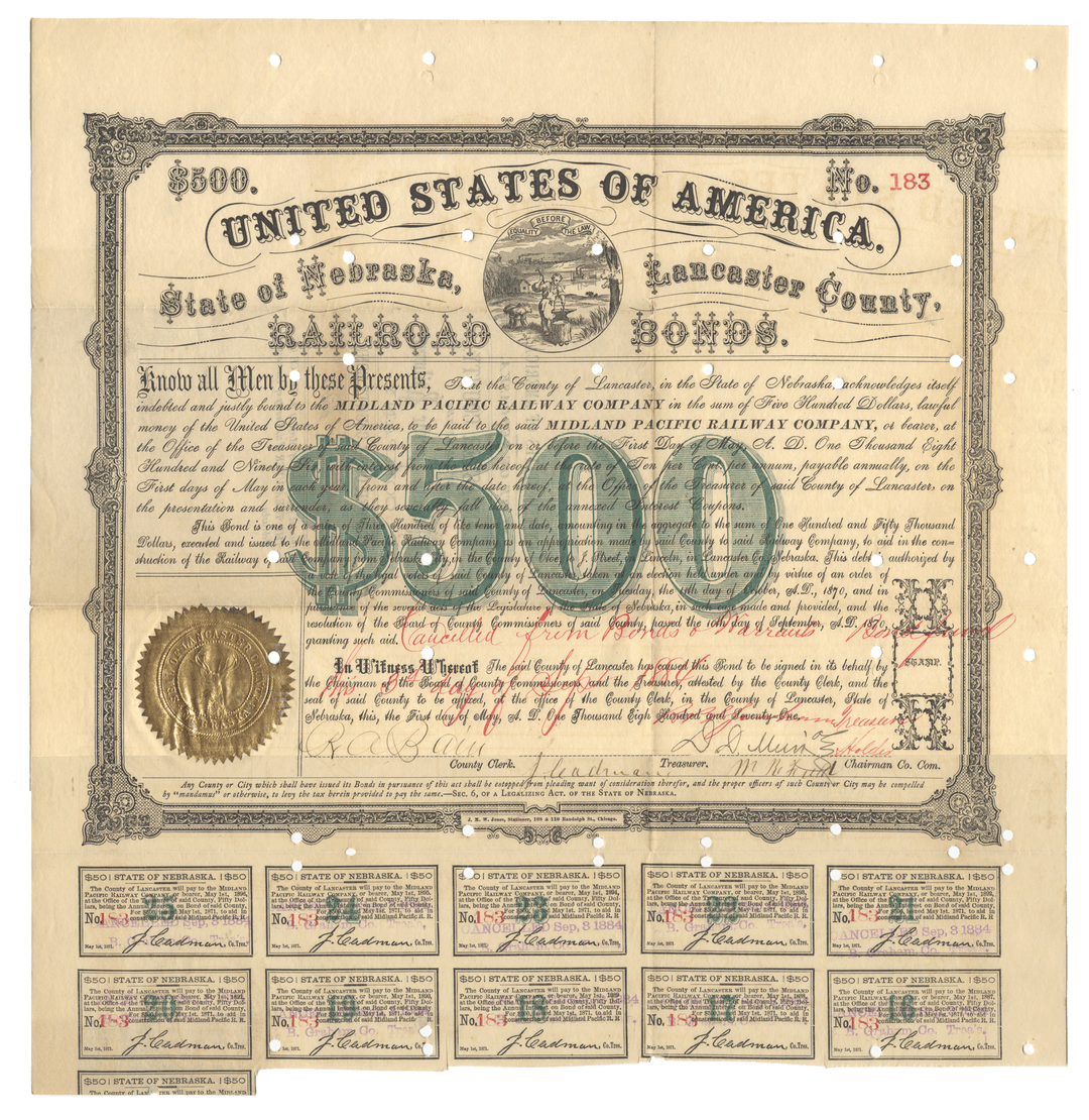 Lancaster County, Nebraska (Midland Pacific Railway) Bond Certificate from 1871