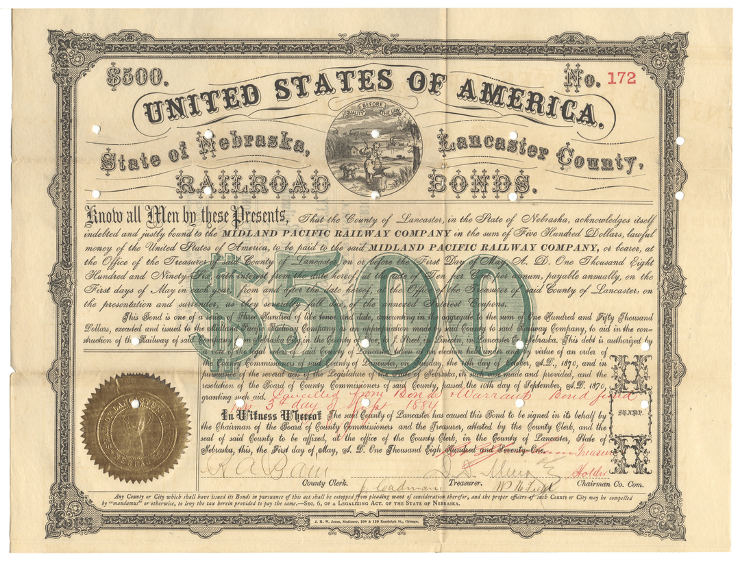 Lancaster County, Nebraska (Midland Pacific Railway) Bond Certificate