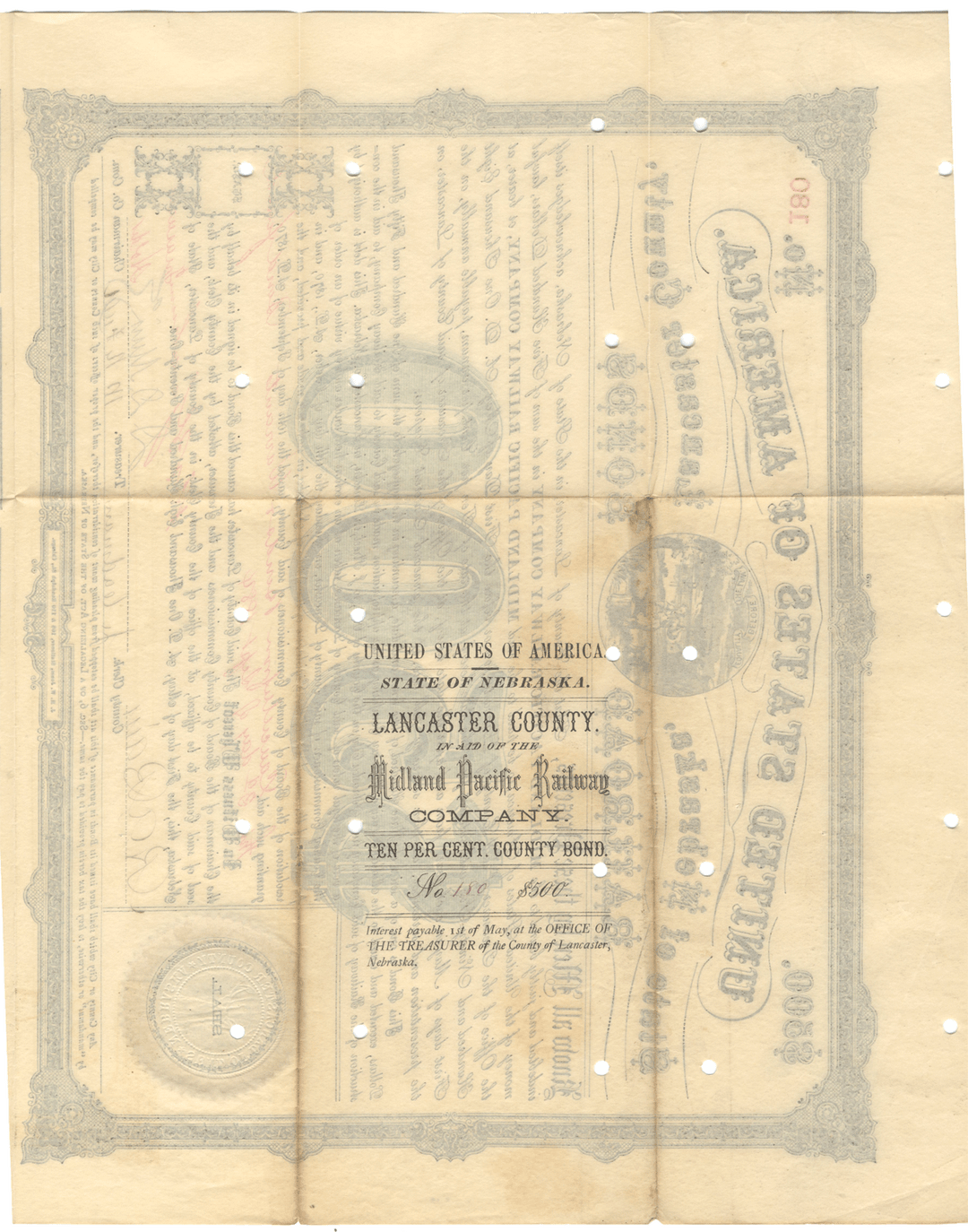 Lancaster County, Nebraska (Midland Pacific Railway) Bond Certificate