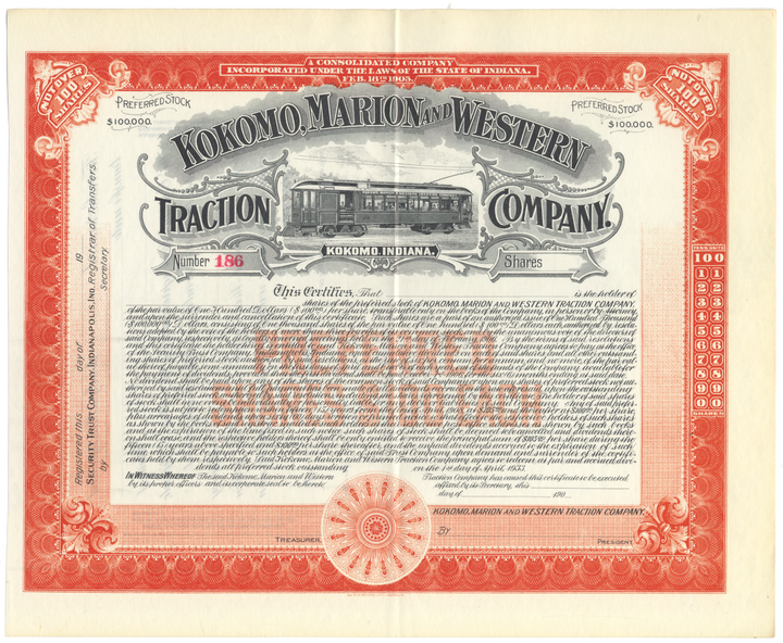 Kokomo, Marion and Western Traction Company Stock Certificate