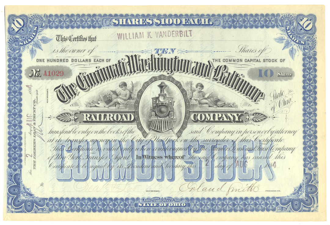 Cincinnati, Washington and Baltimore Railroad Company Stock Certificate Issued to William K. Vanderbilt