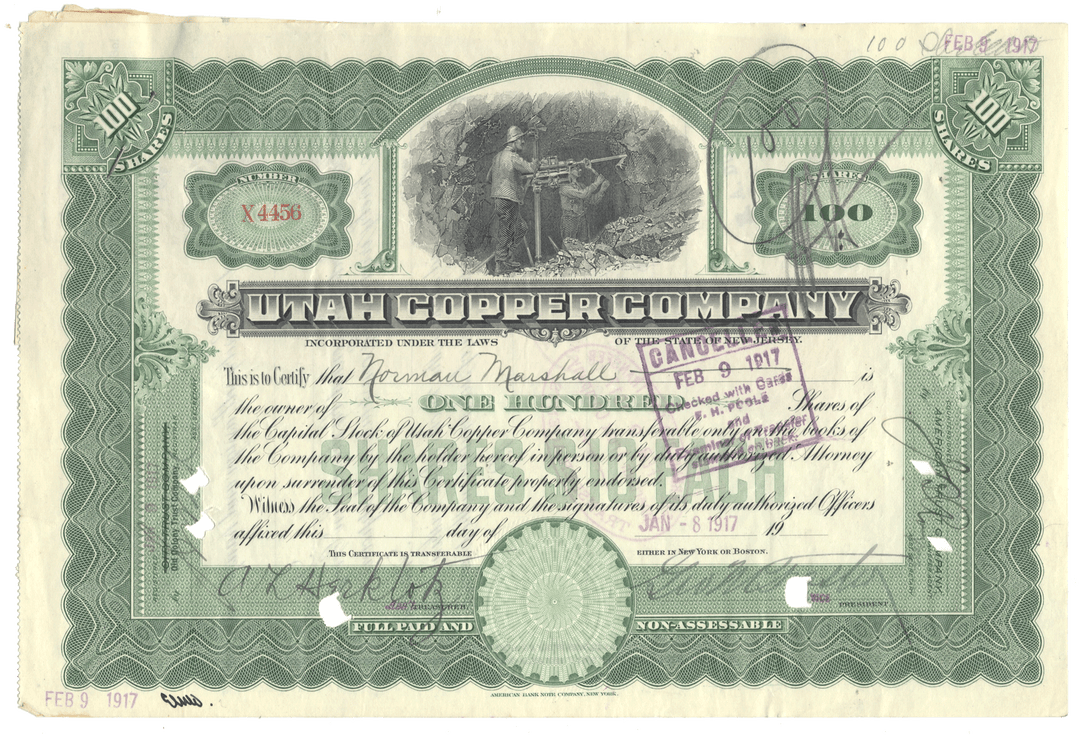 Vintage stock certificate for Utah Copper Company with a green border and detailed design from 1917