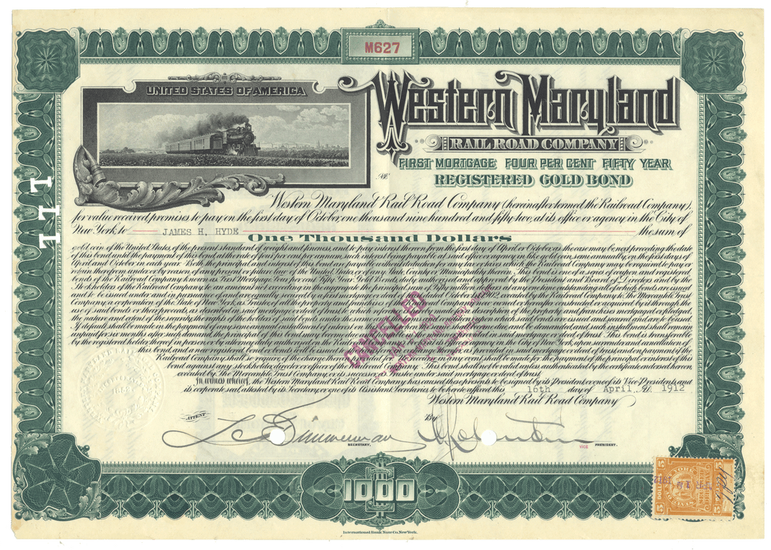 A vintage Western Maryland Railroad Company bond certificate from 1912