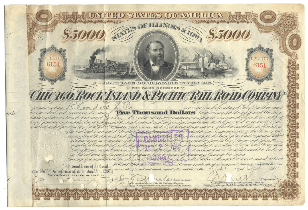 Historical bond certificate from the Chicago, Rock Island & Pacific Railroad Company with a $5000 denomination from 1911