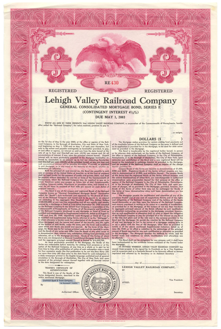 Lehigh Valley Railroad Company Bond Certificate