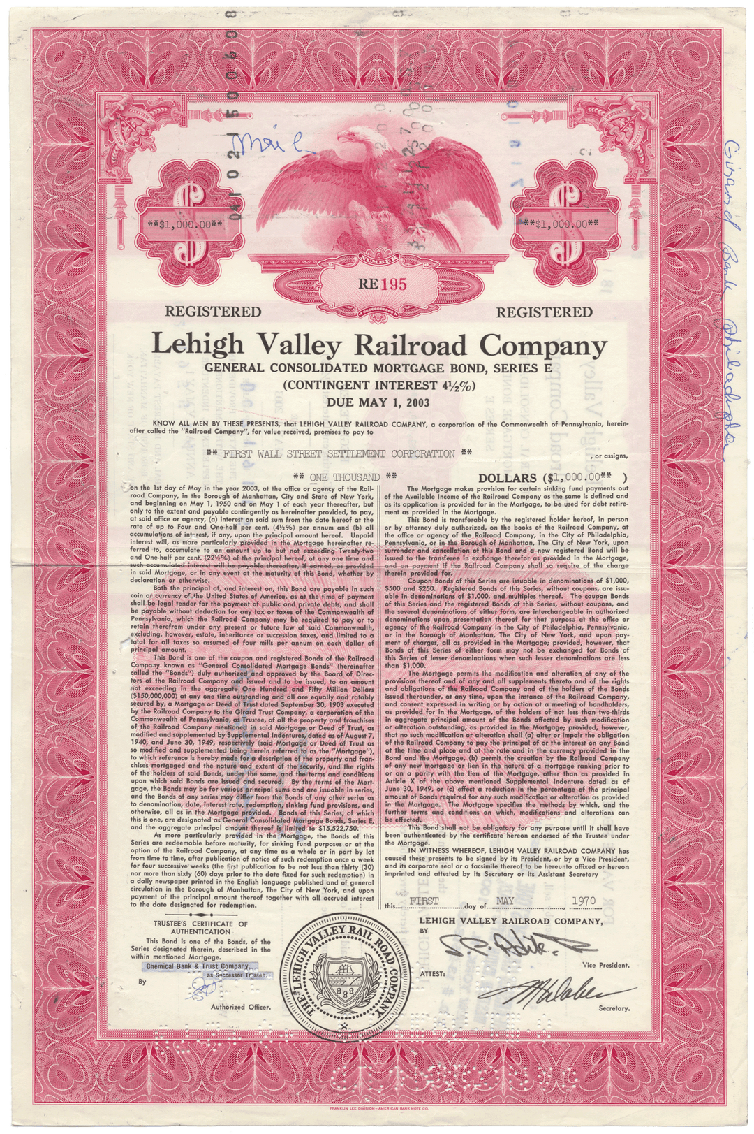 Lehigh Valley Railroad Company bond certificate with an intricate design
