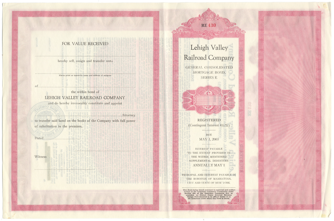 Lehigh Valley Railroad Company Bond Certificate