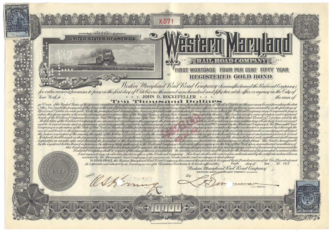 Western Maryland Railroad Company bond certificate issued to John D. Rockefeller