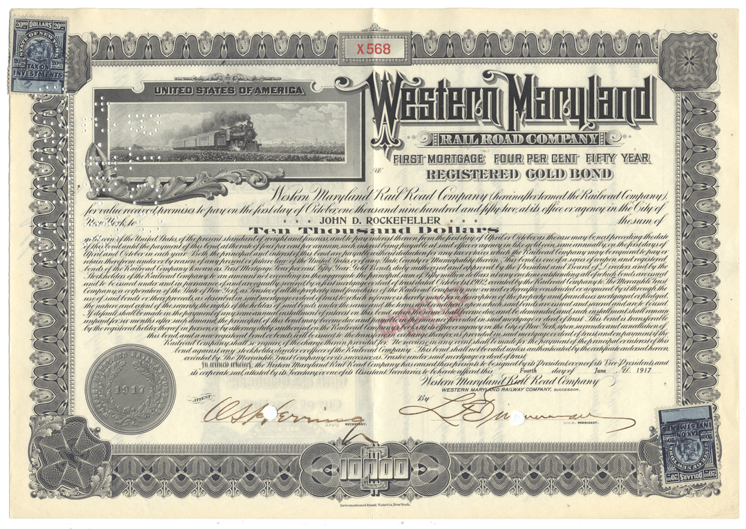 Western Maryland Railroad Company Bond Certificate Issued to John D. Rockefeller