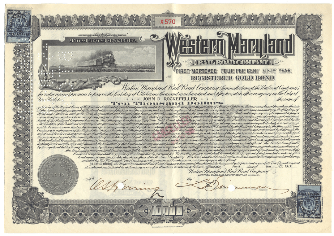 Western Maryland Railroad Company gold bond certificate issued to John D. Rockefeller
