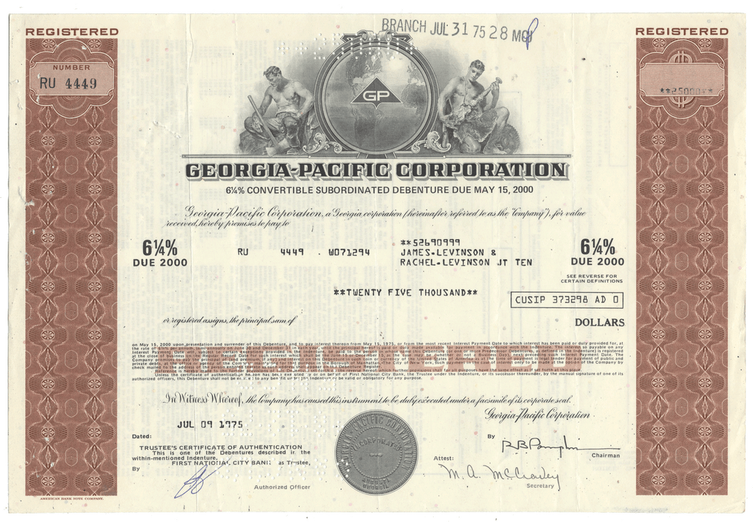 Georgia-Pacific Corporation bond certificate from 1975