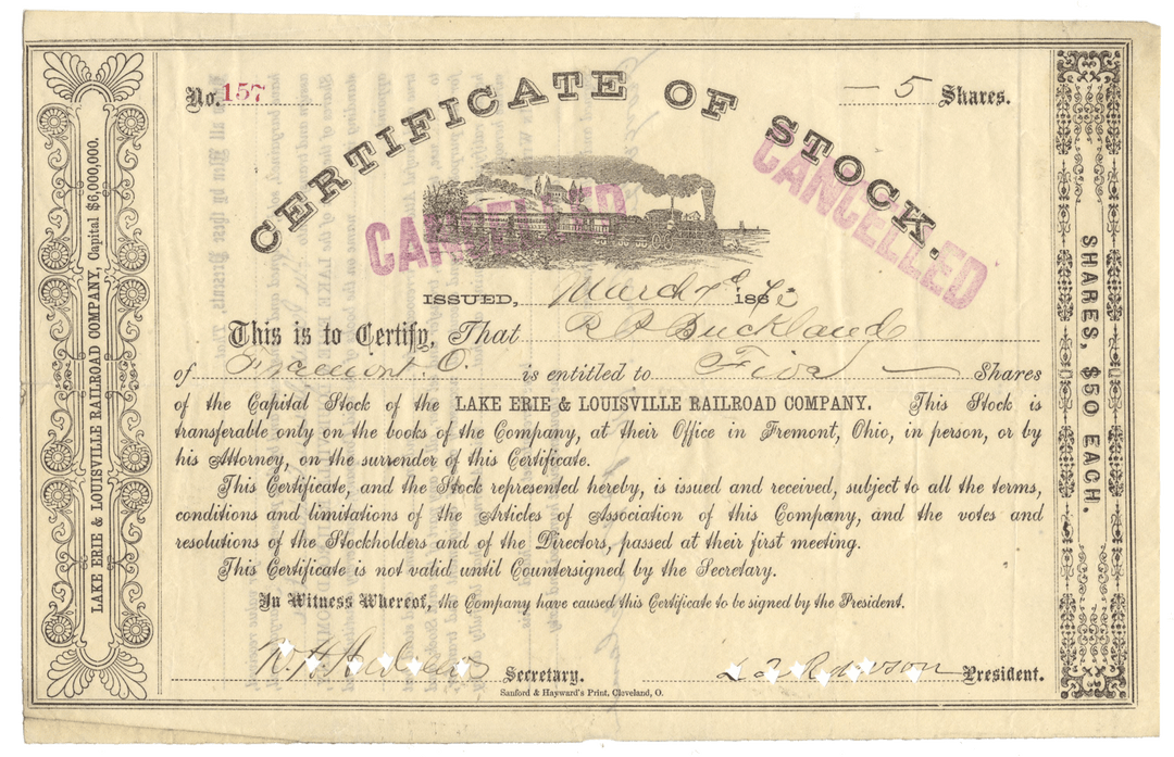 Vintage certificate of stock from Lake Erie & Louisville Railroad Company with decorative elements.