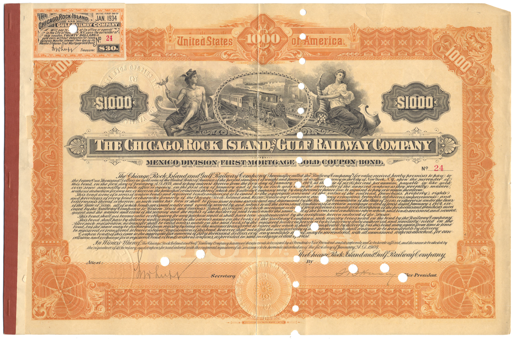 Chicago, Rock Island and Gulf Railway Company Bond Certificate