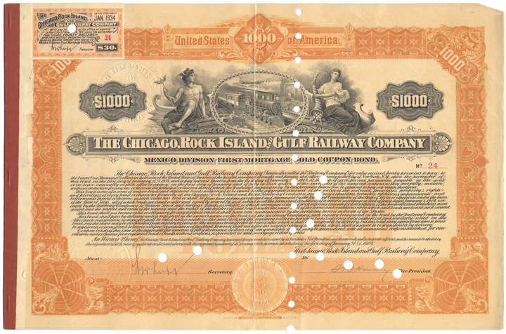 Chicago, Rock Island and Gulf Railway Company Bond Certificate