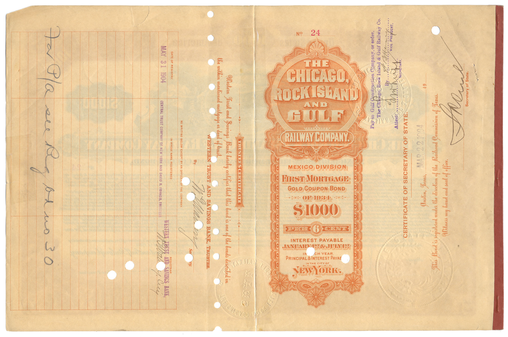 Chicago, Rock Island and Gulf Railway Company Bond Certificate