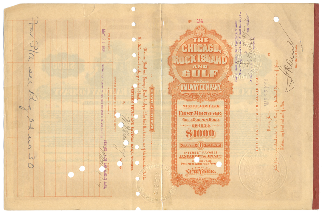 Chicago, Rock Island and Gulf Railway Company Bond Certificate