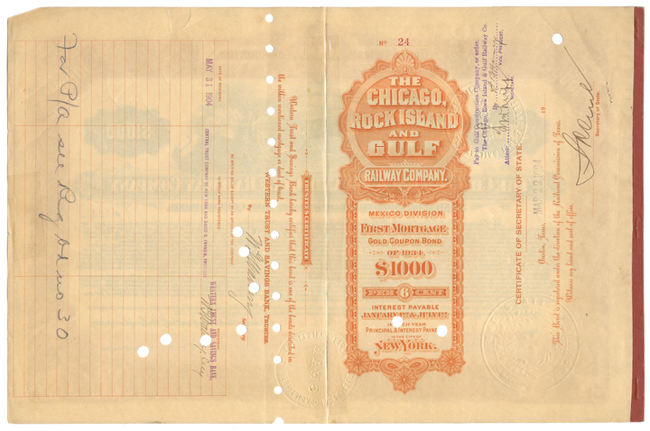 Chicago, Rock Island and Gulf Railway Company Bond Certificate