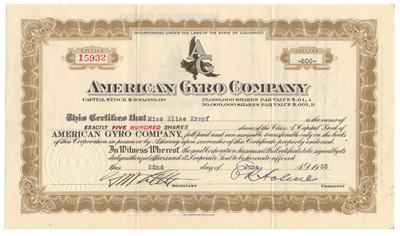 American Gyro Company Stock Certificate