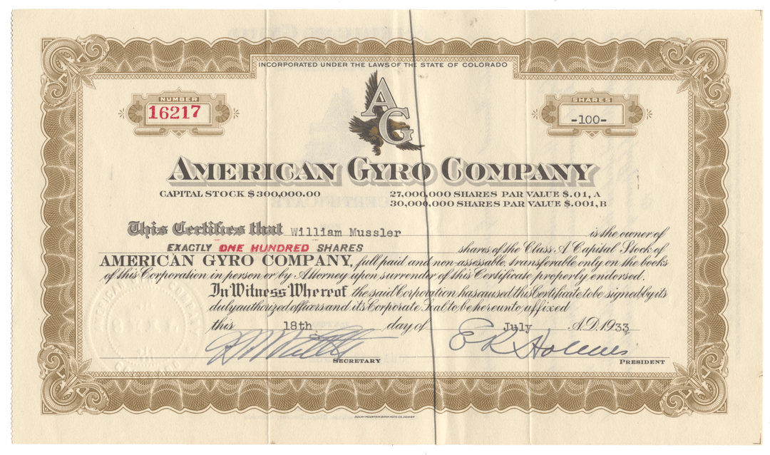Vintage stock certificate of the American Gyro Company with decorative elements dated 1933
