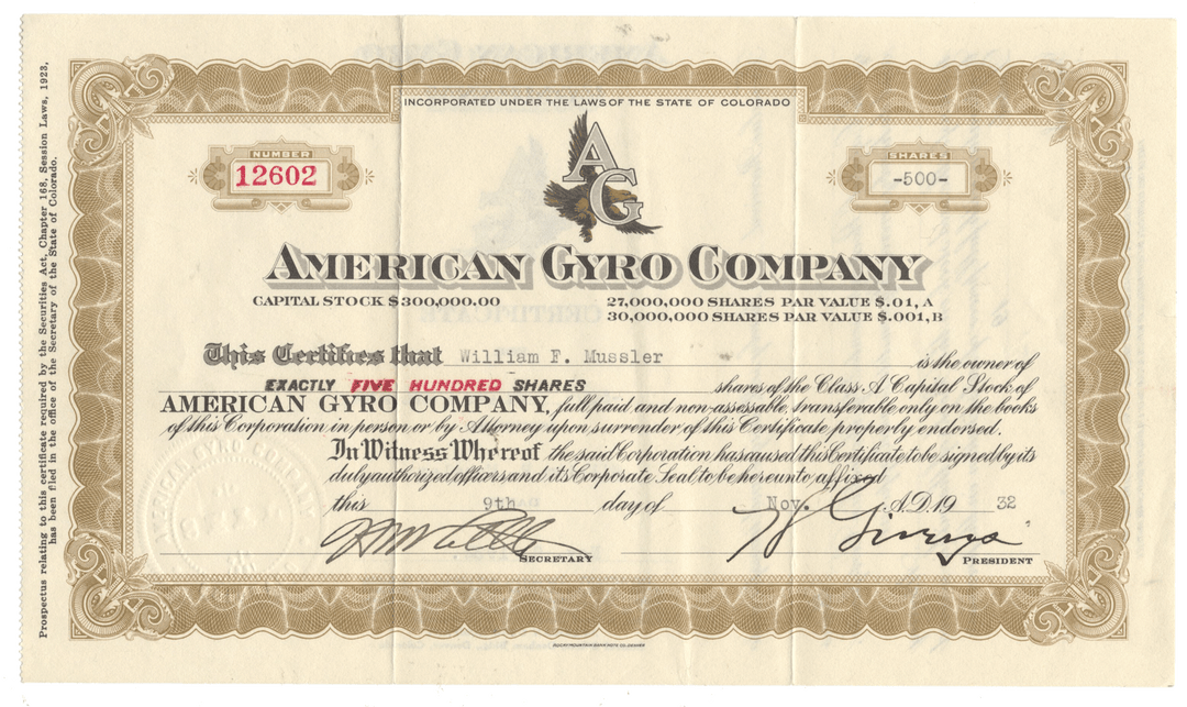 Vintage stock certificate of the American Gyro Company with decorative elements and signatures.
