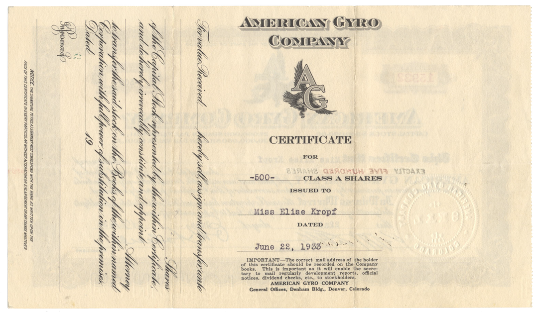 American Gyro Company Stock Certificate