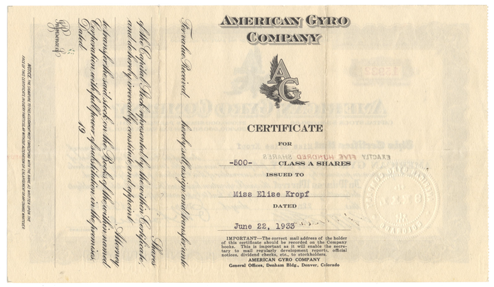 American Gyro Company Stock Certificate