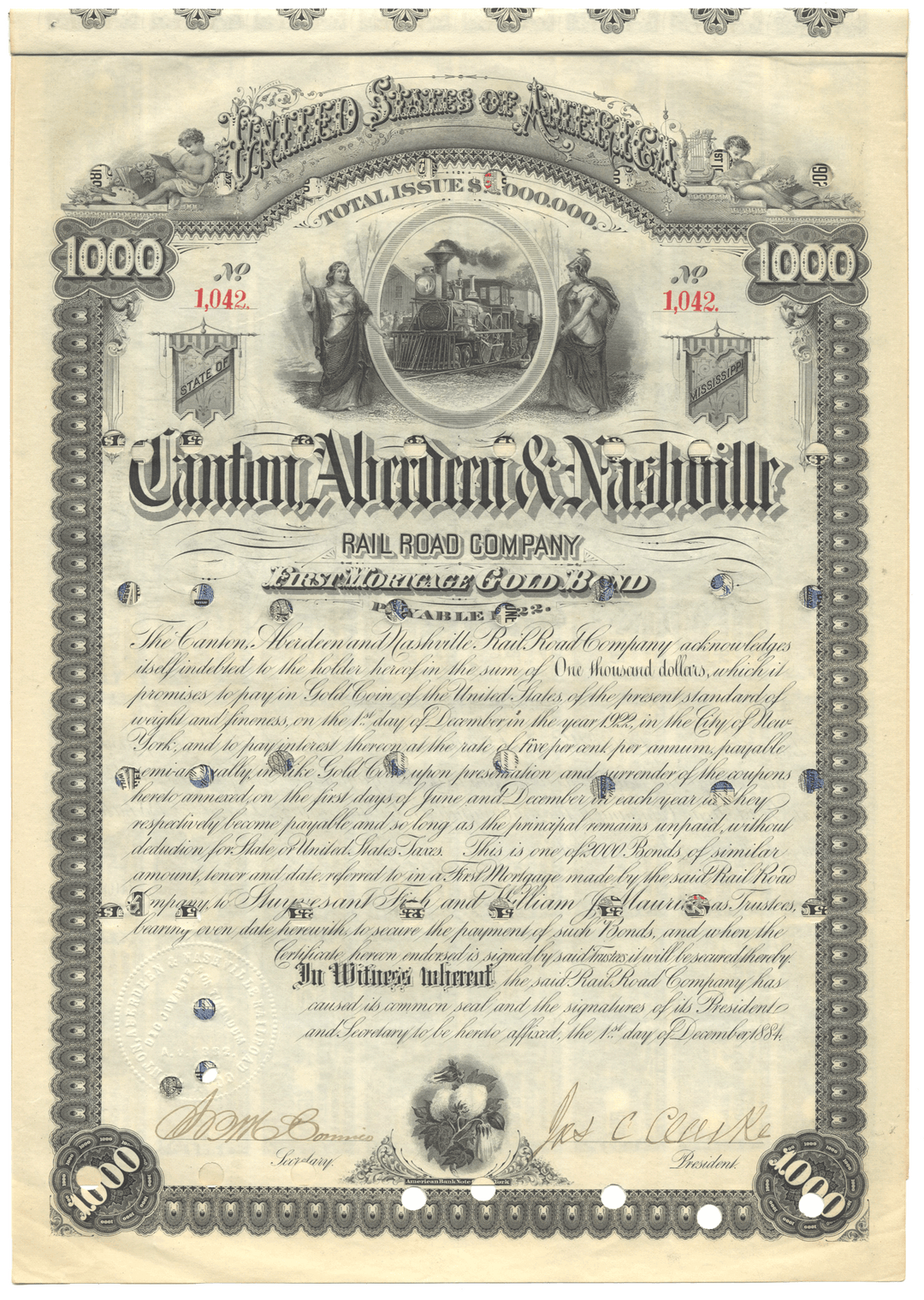 Canton, Aberdeen & Nashville Rail Road Company Bond Certificate Signed by Stuyvesant Fish