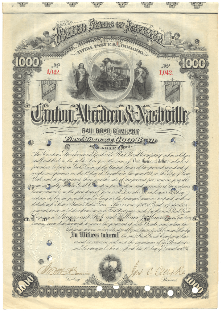 Canton, Aberdeen & Nashville Rail Road Company Bond Certificate Signed by Stuyvesant Fish