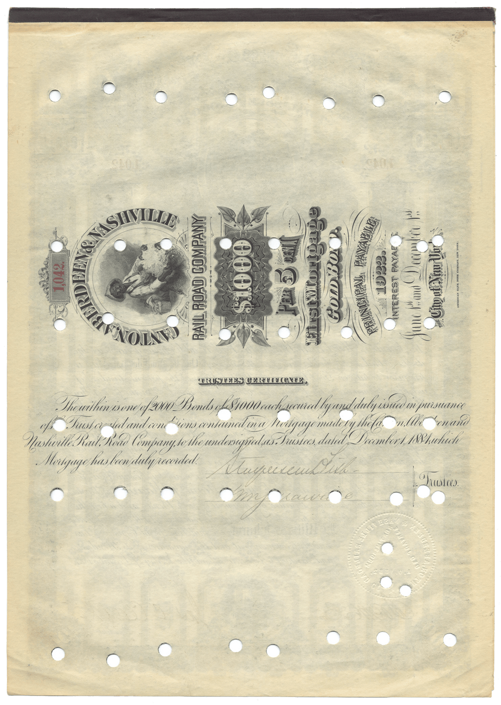 Canton, Aberdeen & Nashville Rail Road Company Bond Certificate Signed by Stuyvesant Fish