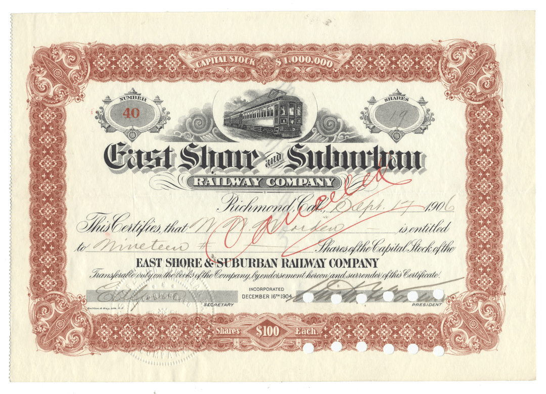 Vintage stock certificate for East Shore & Suburban Railway Company with decorative border and text.