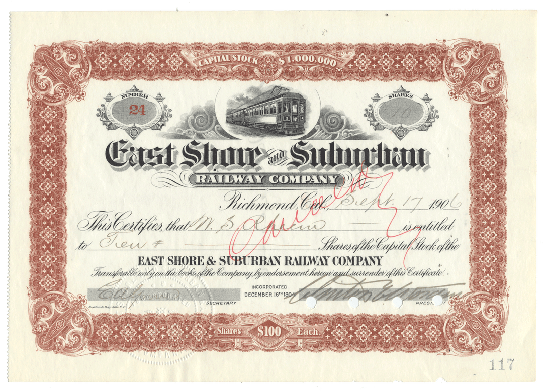 Vintage stock certificate of the East Shore & Suburban Railway Company from 1906