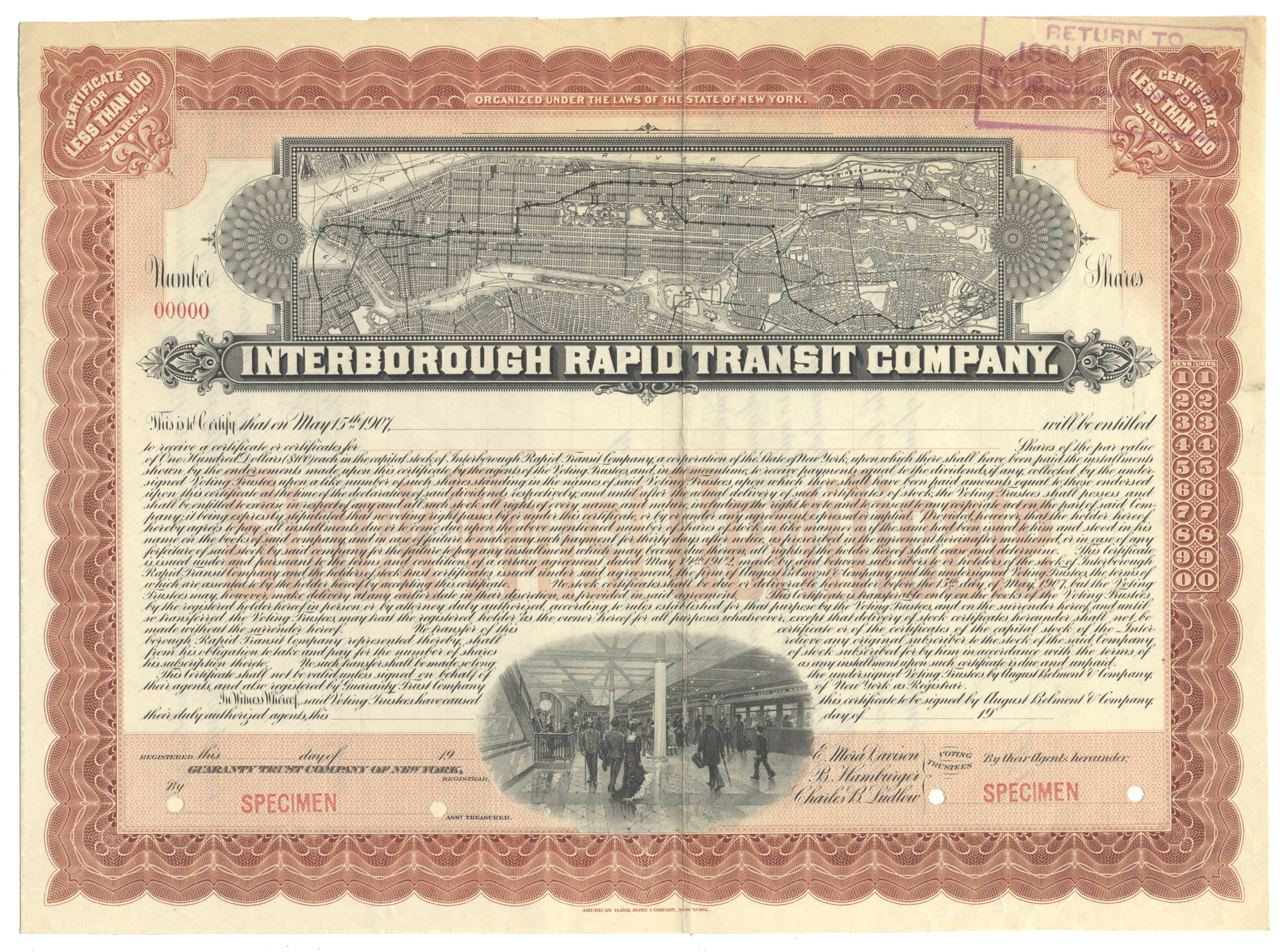 Specimen stock certificate of the Interborough Rapid Transit Company with a detailed route map and a terminal scene
