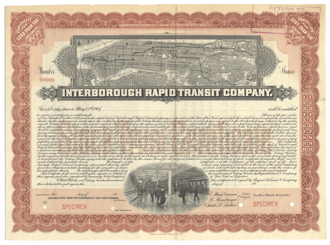 Specimen stock certificate of the Interborough Rapid Transit Company with a detailed route map and a terminal scene