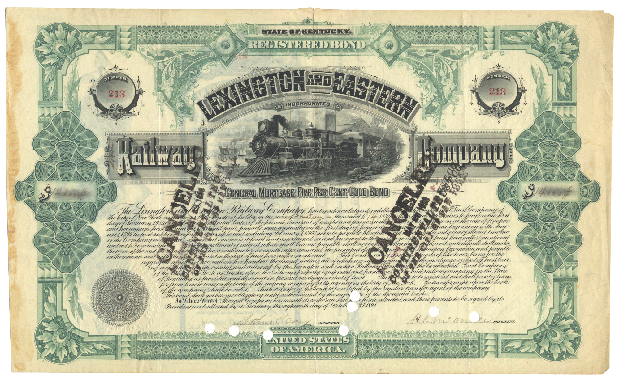 Vintage bond certificate for the Lexington and Eastern Railway Company with decorative elements and a steam locomotive illustration.