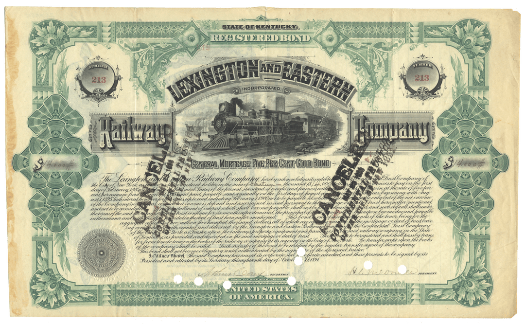Vintage bond certificate for the Lexington and Eastern Railway Company with decorative elements and a steam locomotive illustration.