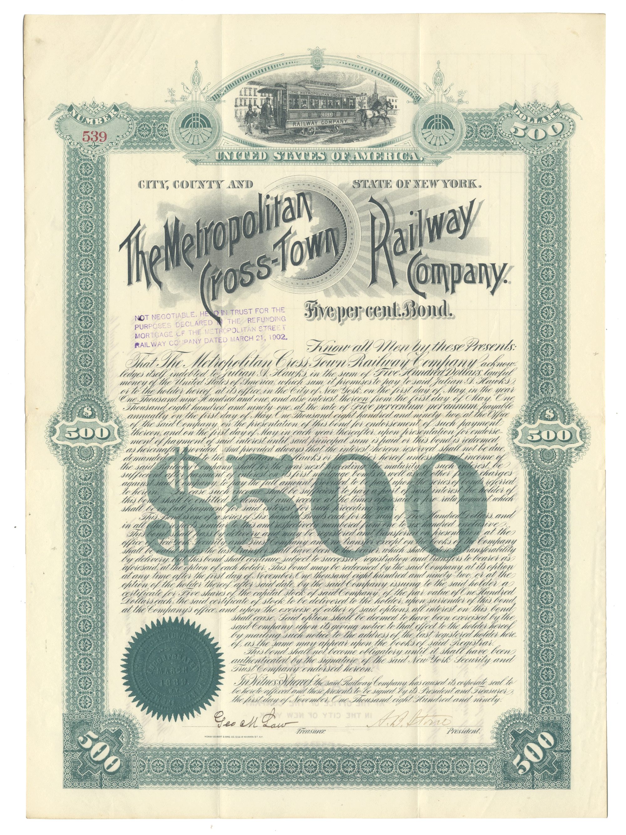 Vintage bond certificate for The Metropolitan Cross-Town Railway Company from 1890