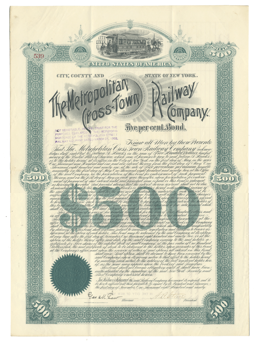 Vintage bond certificate for The Metropolitan Cross-Town Railway Company from 1890