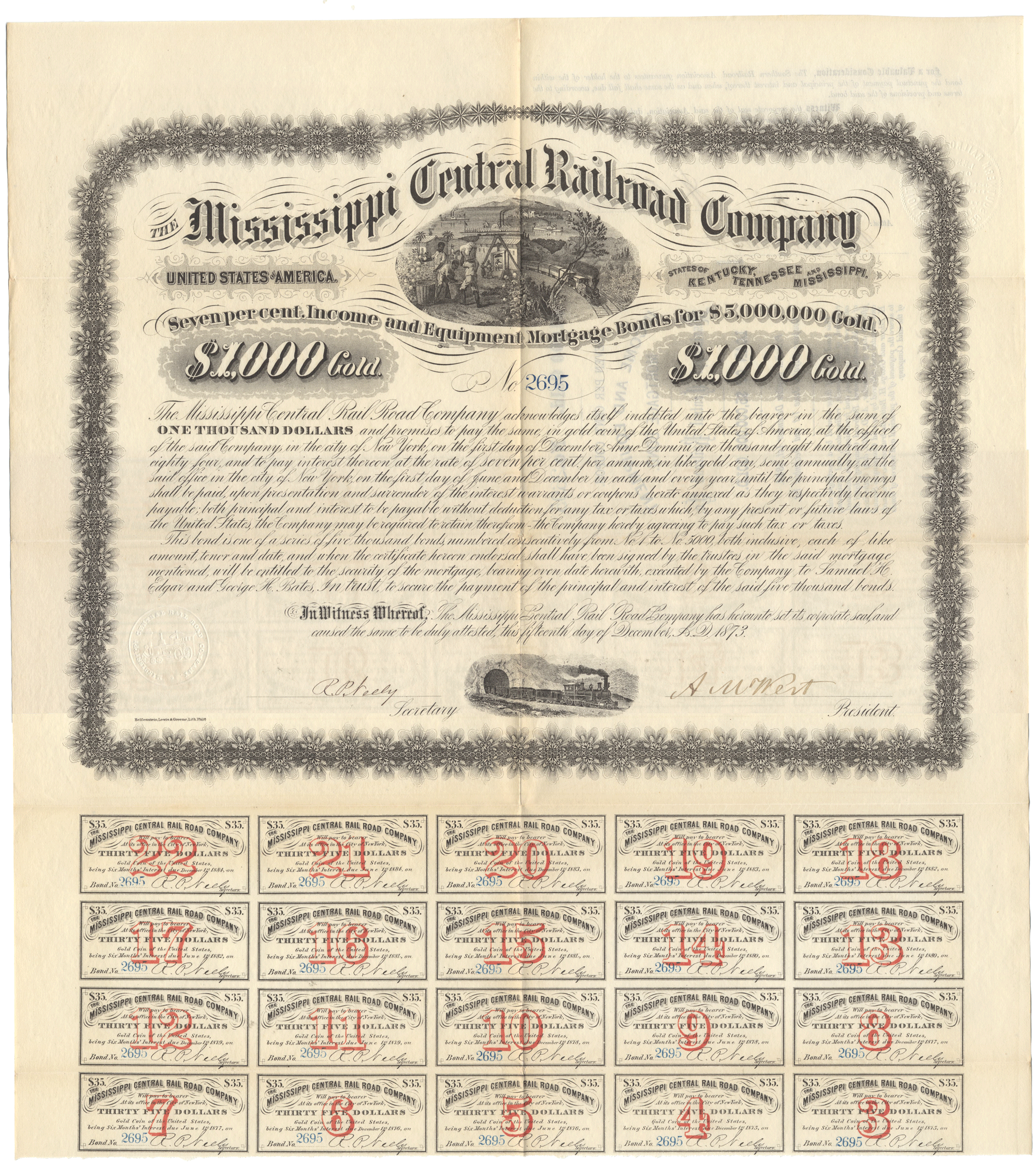 Vintage Mississippi Central Railroad Company bond certificate from 1873.