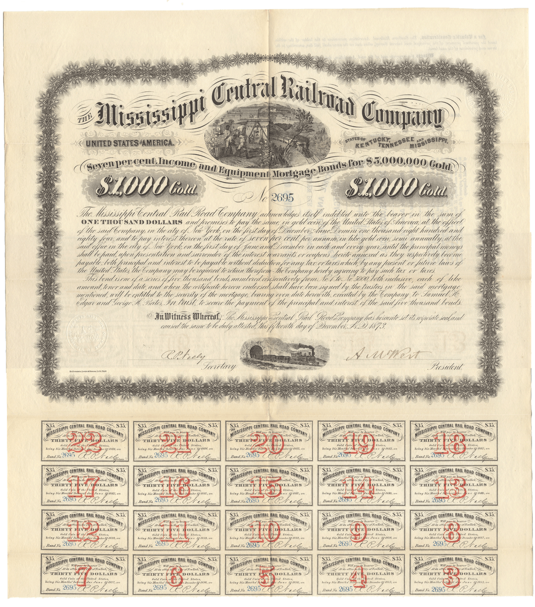 Vintage Mississippi Central Railroad Company bond certificate from 1873.