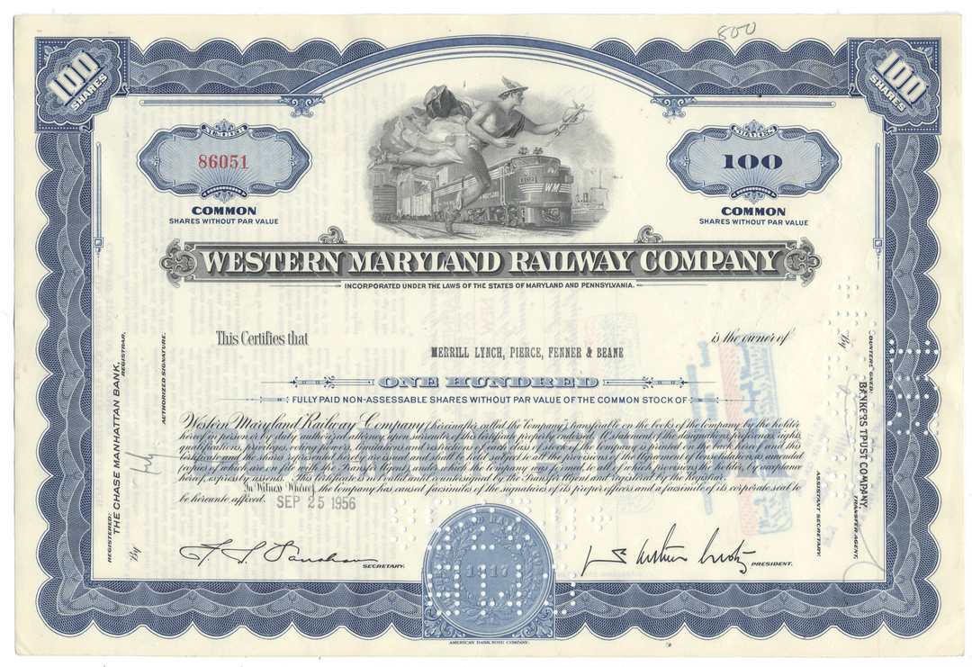 Western Maryland Railway Company stock certificate from 1956