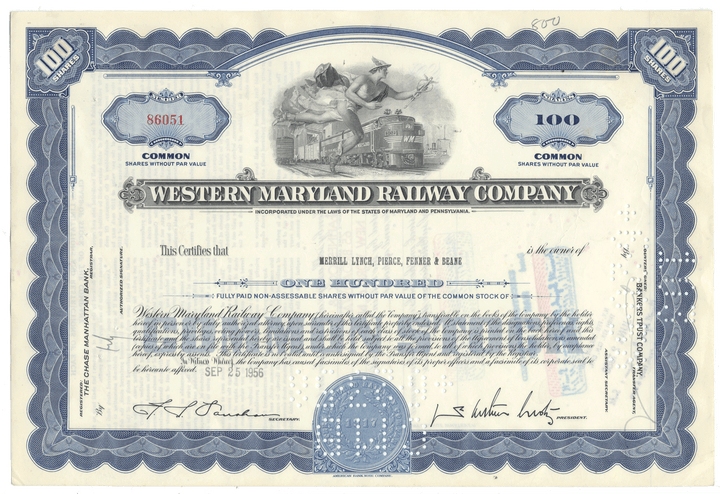 Western Maryland Railway Company stock certificate from 1956