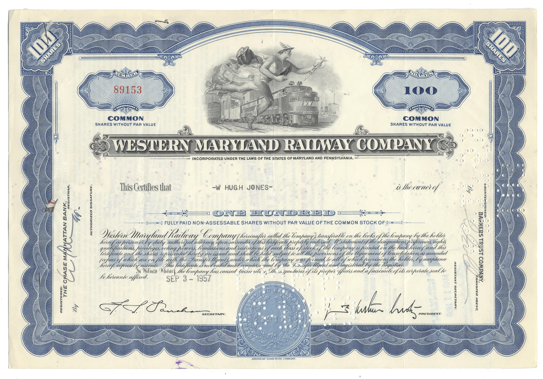 A vintage Western Maryland Railway Company stock certificate from 1957